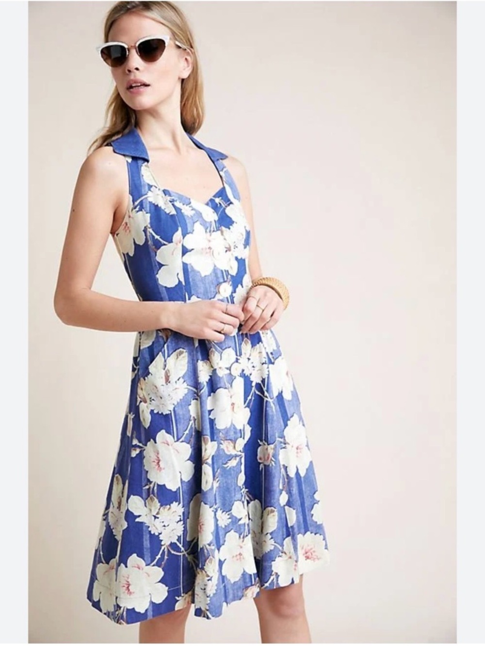 Anthropologie Blue Floral Halter Fit-and-Flare Dress